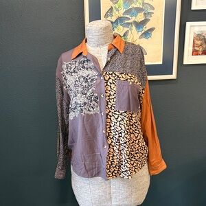 Mixed-Print Vintage Rayon Button-Down Shirt Caramel Grey Beige Size 2XL